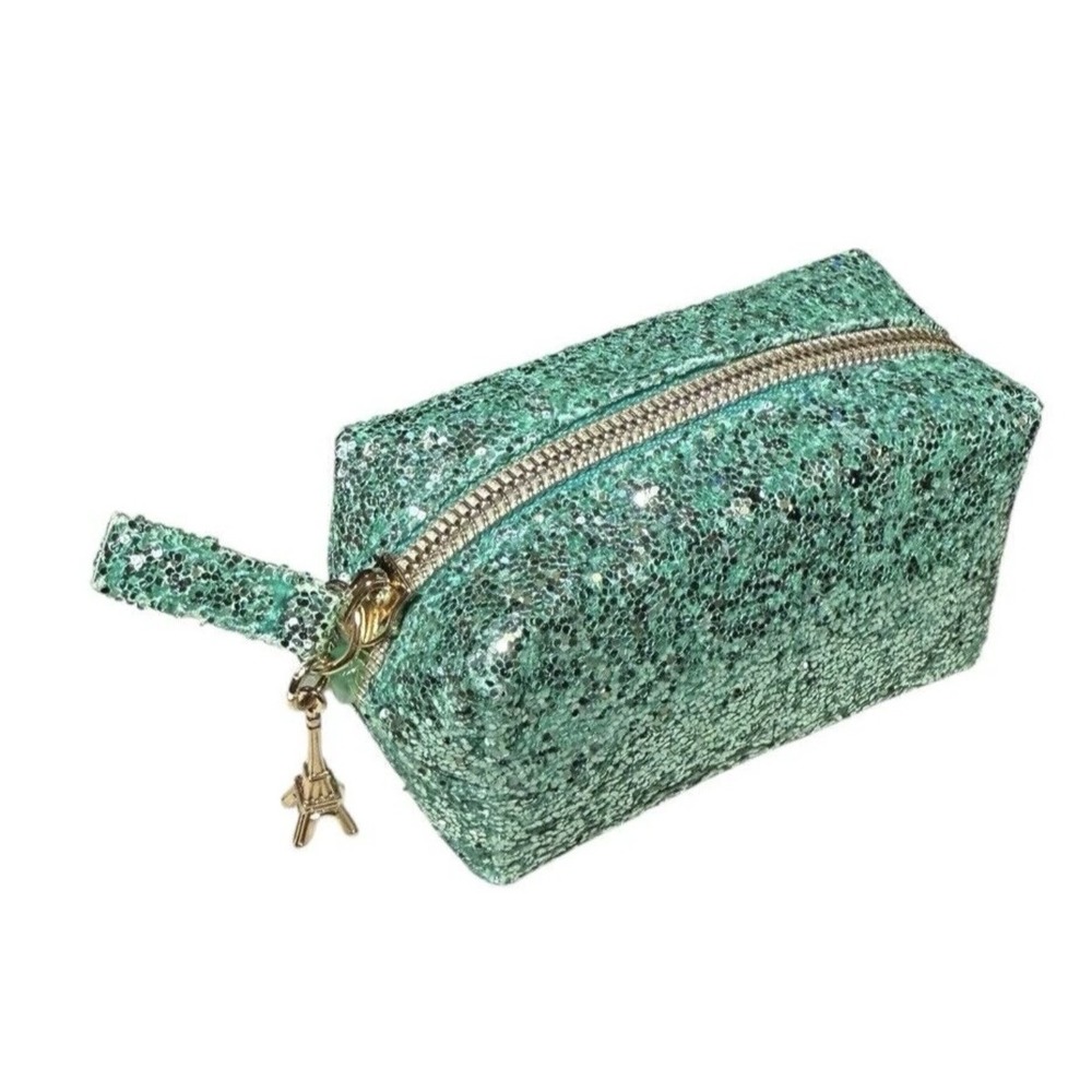 Too Faced La Petit To Go‎ Green Glitter Small Makeup Case with Paris Charm, New